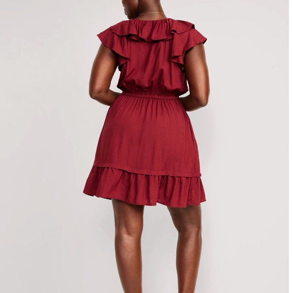 NWT OLD NAVY Waist-Defined Ruffle-Trim Mini Dress Color: Red Red Wine - Picture 4 of 8